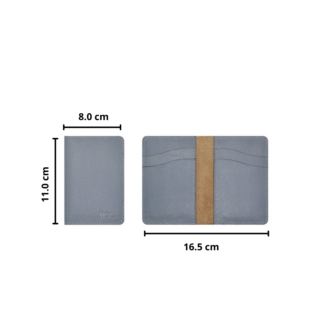 Billetera Vertical de cuero pequeña color gris con medidas