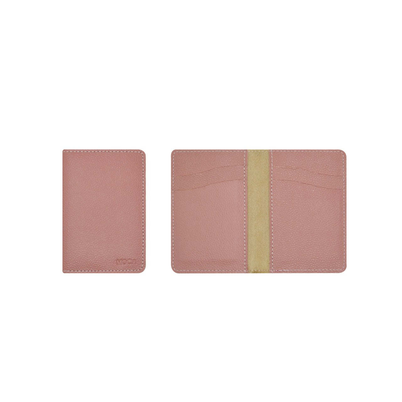 Billetera Vertical de cuero pequeña color rosa sobre fondo blanco